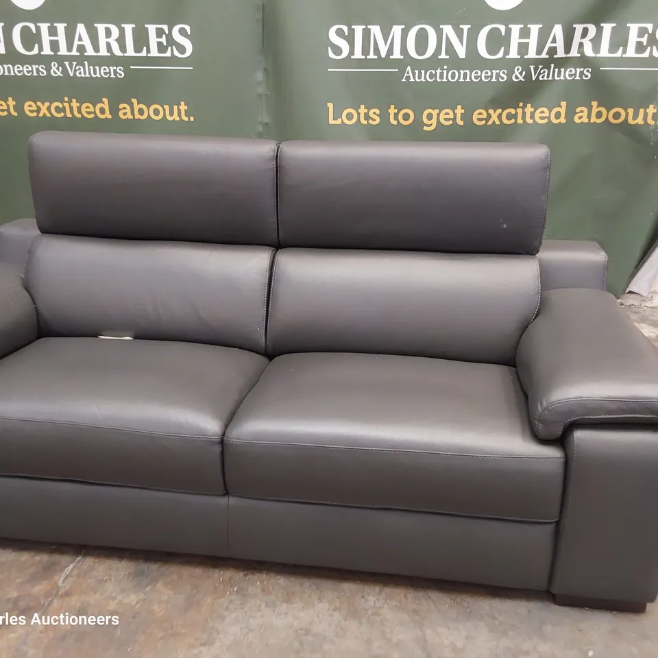 QUALITY ITALIAN DESIGNER RICCARDO THREE SEATER SOFA WITH ADJUSTABLE HEADRESTS CHARCOAL LEATHER 