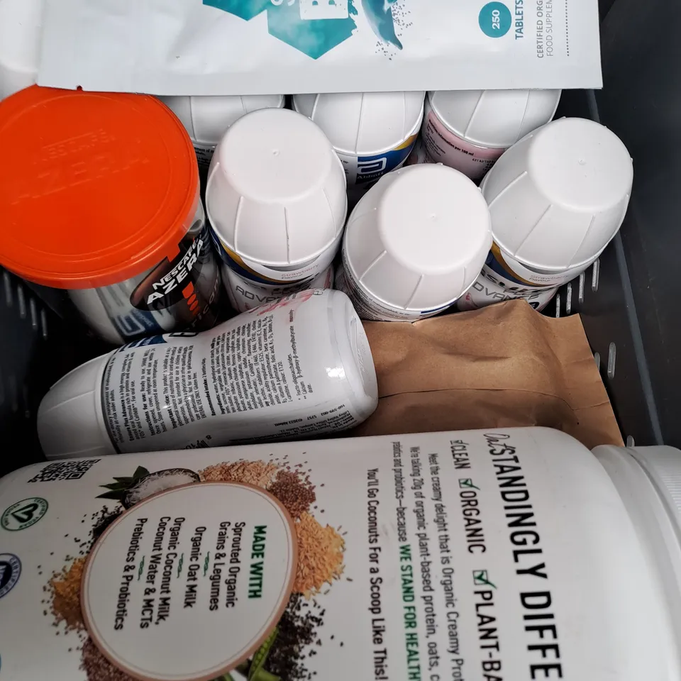 BOX OF APPROXIMATELY 10 ITEMS TO INCLUDE NESCAFE AMERICANO, OATMILK PROTEIN, ENSURE PLUS ETC