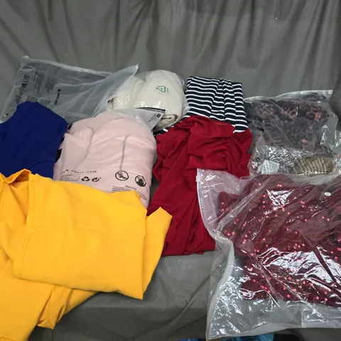 LARGE BOX OF ASSORTED CLOTHING ITEMS IN VARIOUS COLOURS, SIZES AND STYLES