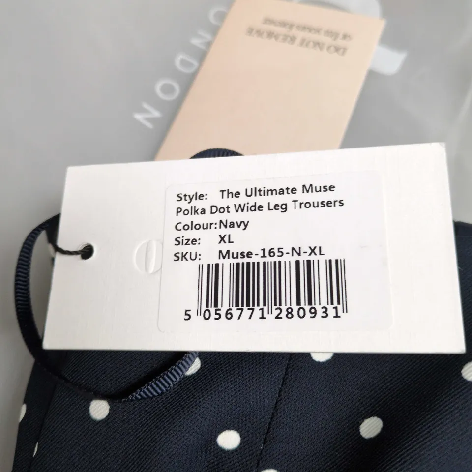 ODDMUSE LONDON NAVY POLKA-DOT WIDE-LEG TROUSERS – SIZE XL