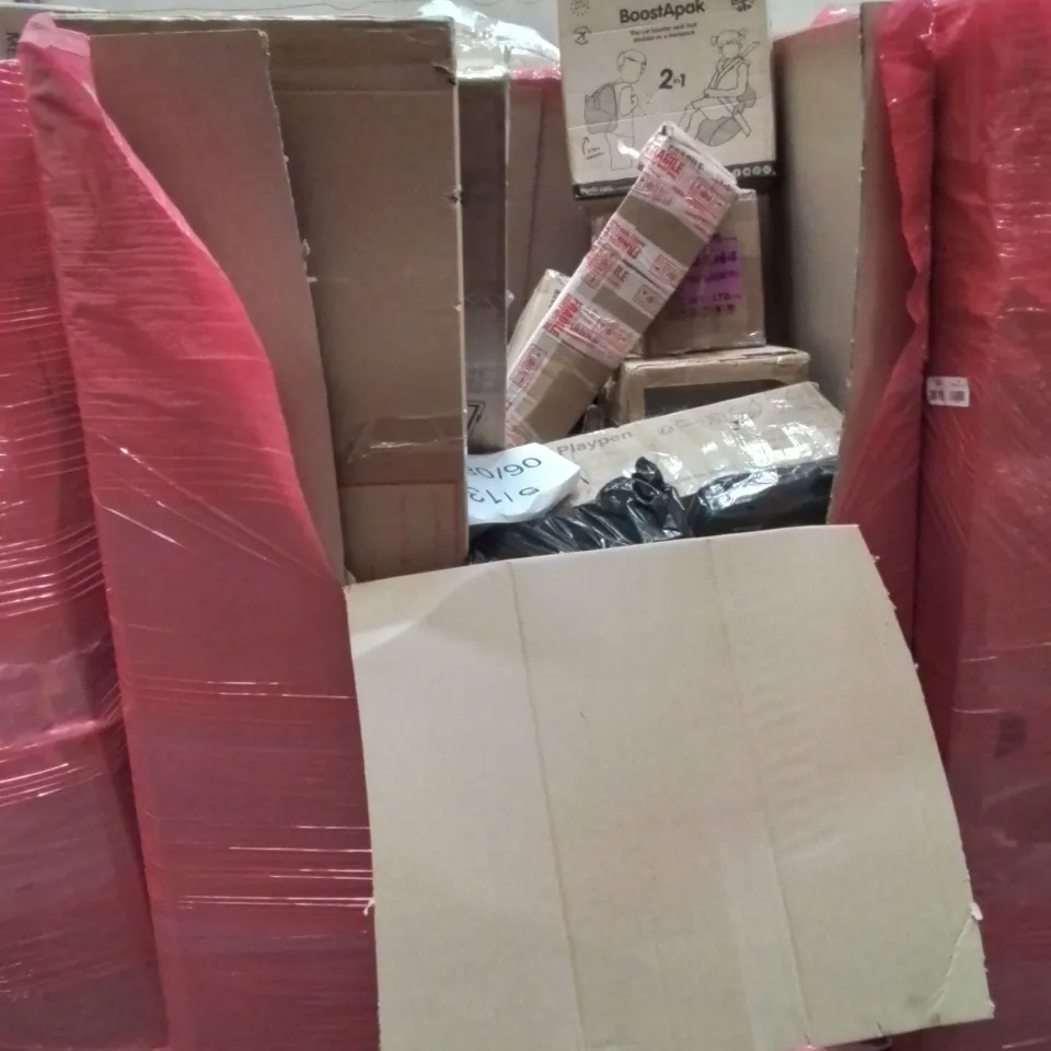 PALLET OF ASSORTED HOUSEHOLD ITEMS AND CONSUMER PRODUCTS TO INCLUDE; BABY PLAYPENS, FREESTANDING FULL-BODY LENGTH MIRROR, KIDS BACKPACK CAR SEAT ETC