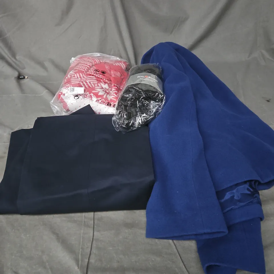 BOX OF APPROXIMATELY 25 ASSORTED CLOTHING ITEMS TO INCLUDE BLUE TROUSERS, XMAS JUMPER, BLUE LADIES JACKET, SOCKS ETC
