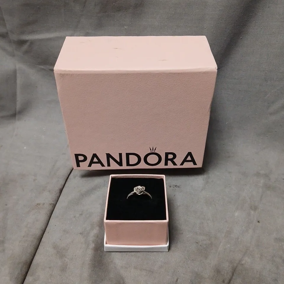 PANDORA SILVER RING WITH ROSE MOTIF, IN PINK PRESENTATION BOX