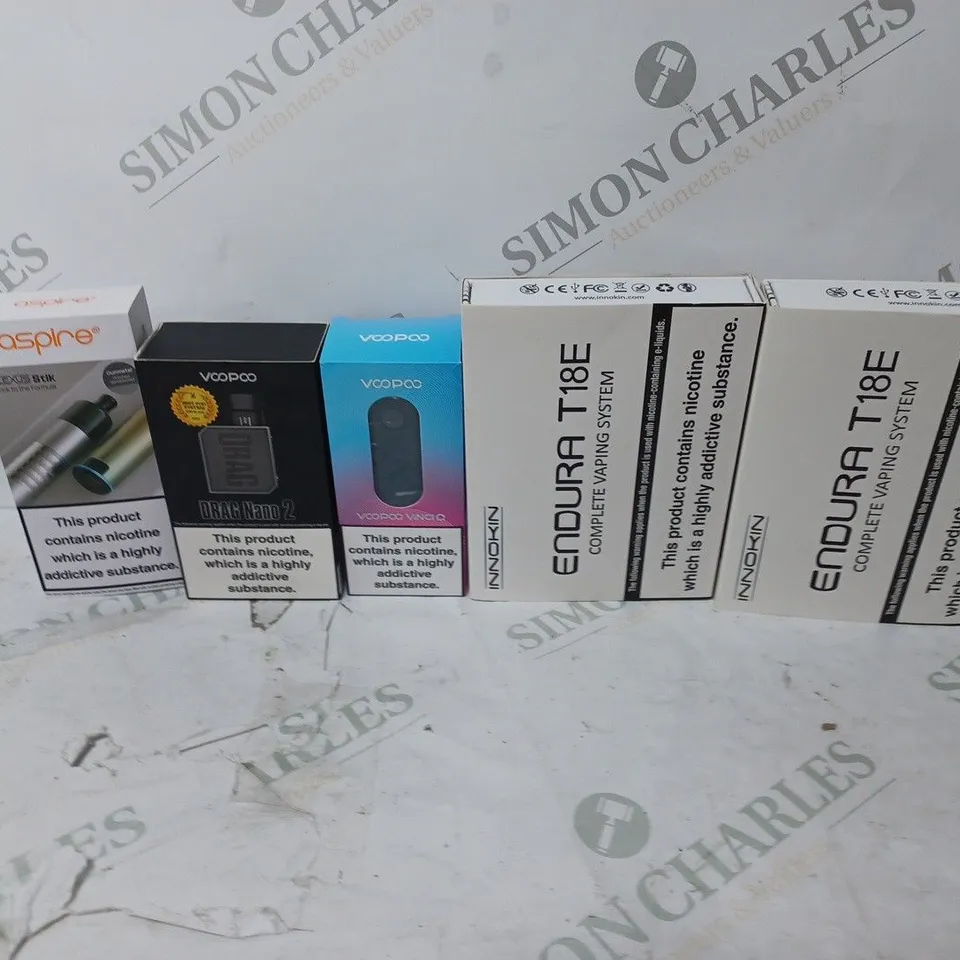 LOT OF APPROXIMATELY 10 BOXED E-CIGARETTES TO INCLUDE VOOPOO VINCI C, ASPIRE FLEXUS BIOK, AND ASPIRE FLEXUS STIK ETC. 