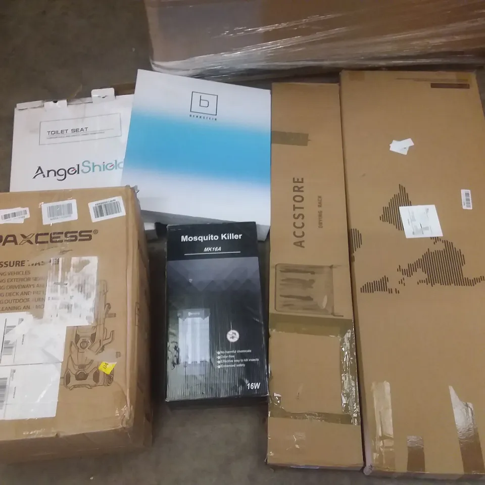 PALLET OF ASSORTED ITEMS INCLUDING ACCSTORE DRYING RACK, MOSQUITO KILLER, PAXCESS PRESSURE WASHER, ANGELSHIELD TOILET SEAT, DONYER POWER ELECTRICAL PATIO HEATER, ROLLER BLINDS, AIFEEL STAND MIXER 