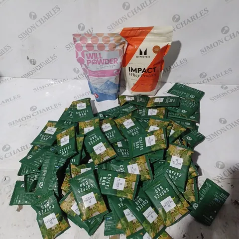 ASSORTED ITEMS TO INCLUDE: WILL POWDER, IMPACT WHY PROTIEN, TAYLORS COFFEE BAGS