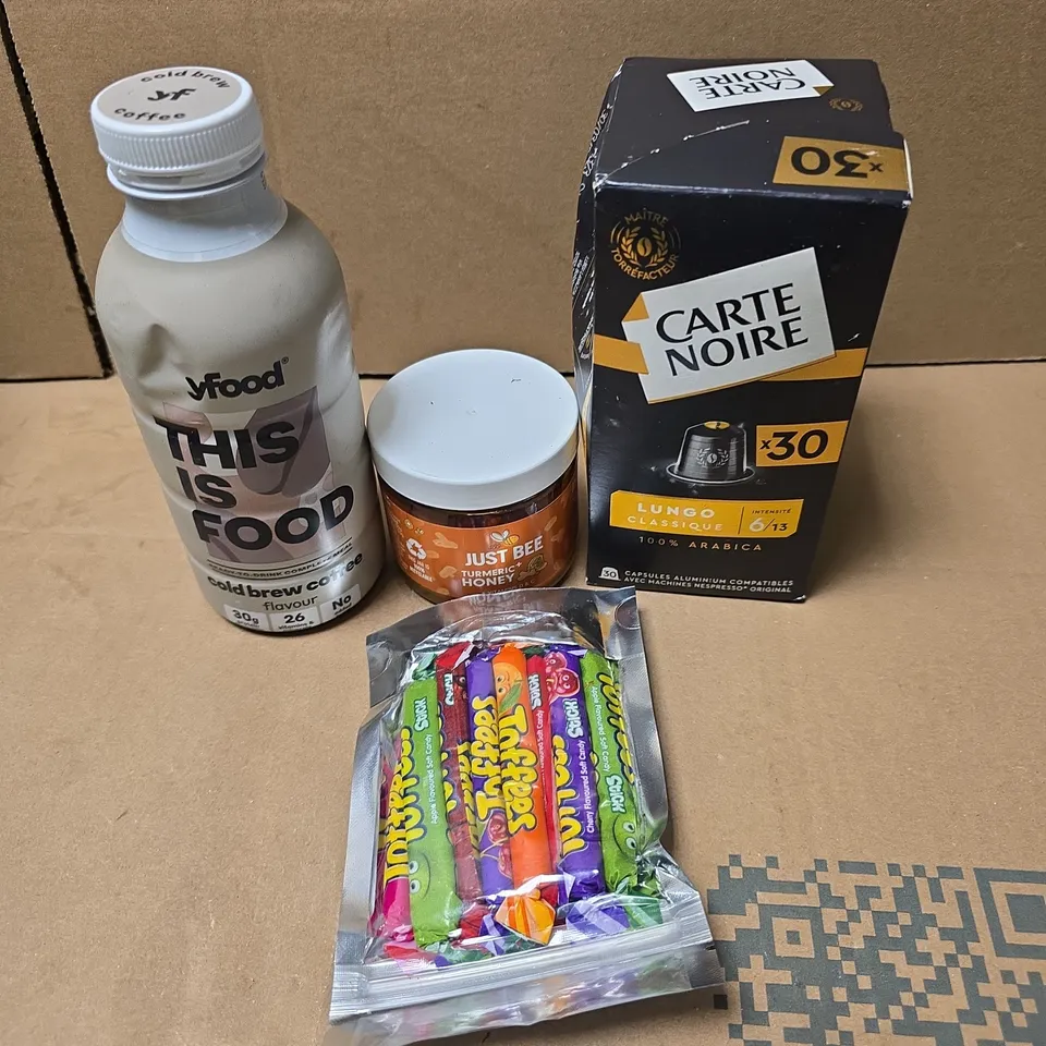 APPROXIMATELY 9 ASSORTED FOOD/DRINK PRODUCTS TO INCLUDE YFOOD, CARTE NOIRE, JUST BEE HONEY ETC 