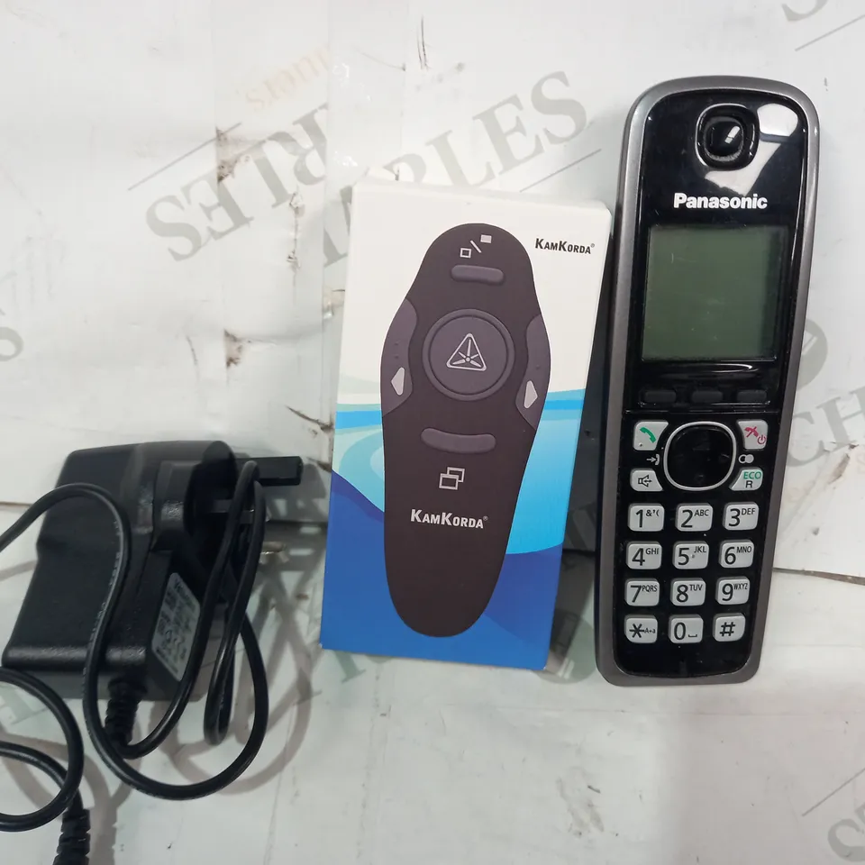 BOX OF APPROXIMATELY 10 ASSORTED HOUSEHOLD ITEMS TO INCLUDE PANASONIC PHONE, KAMKORDA TRANSMITTER, VSTARCAM AC ADAPTER, ETC