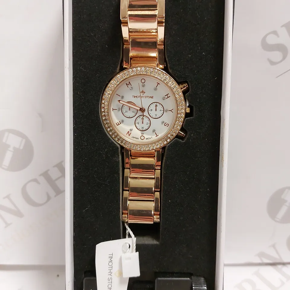 BOXED TIMOTHY STONE ROSE GOLD EFFECT WATCH WITH BRACELET STRAP