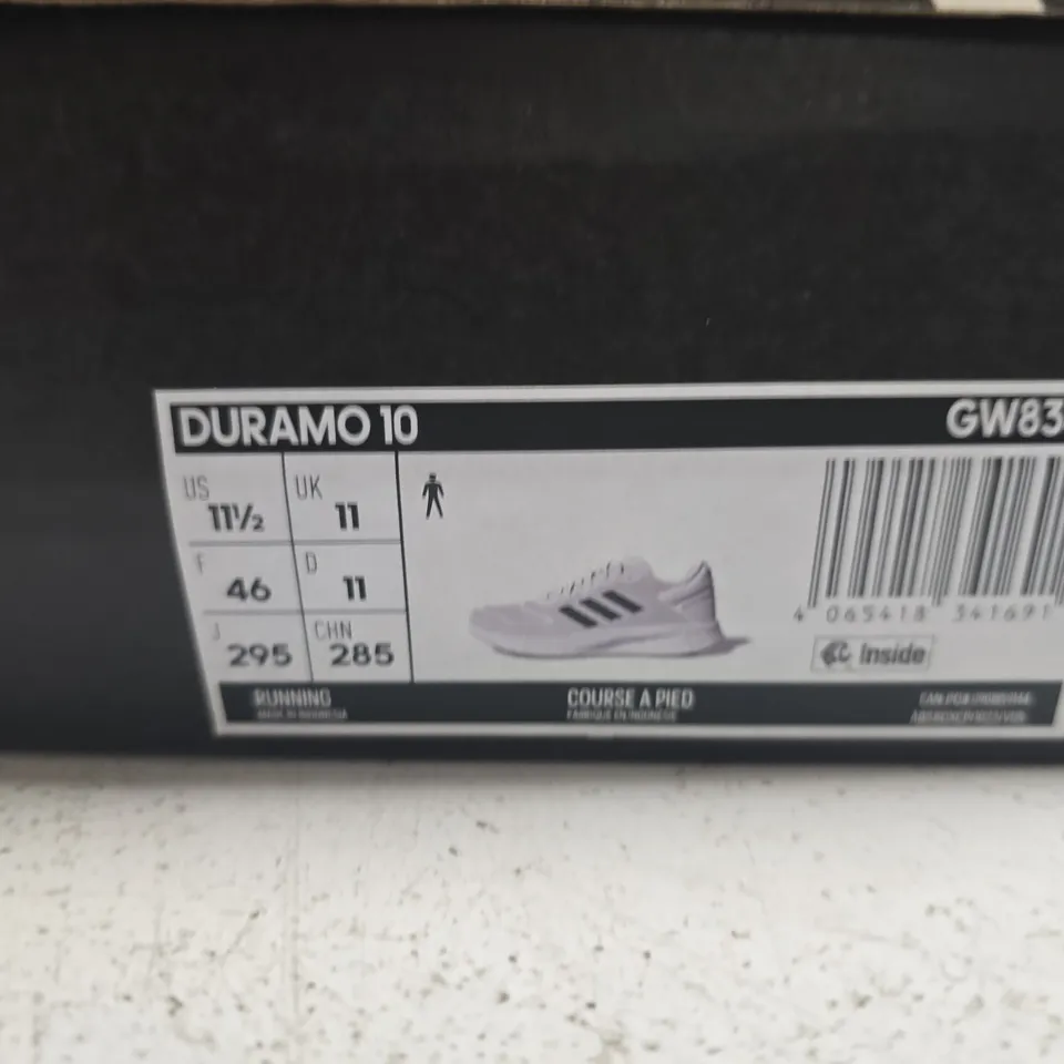 BOXED PAIR OF ADIDAS DURAMO 10 SNEAKERS – WHITE, UK 11