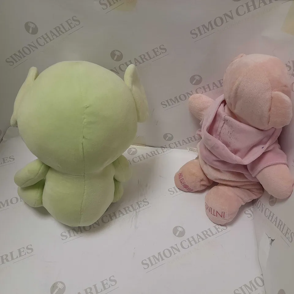 TWO ASSORTED BRAND NEW SOFT TOYS TO INCLUDE; GREEN ELEPHANT TEDDY AND INTIME PINK BEAR