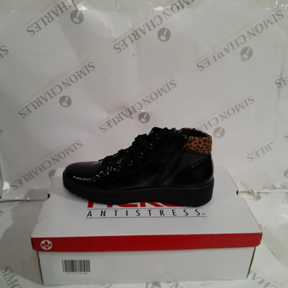 BOXED PAIR OF RIEKER BROWN HIGH TOP LEOPARD CUFF TRAINERS BLACK - SIZE 5 