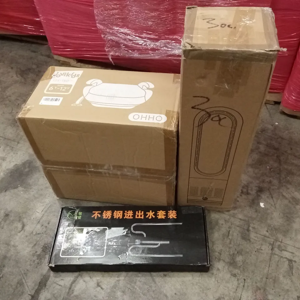 PALLET OF ASSORTED HOUSEHOLD GOODS AND PRODUCTS TO INCLUDE; I-SIZE CAR BOOSTER SEAT, COOLER FAN, BOXED FURNITURE ETC 