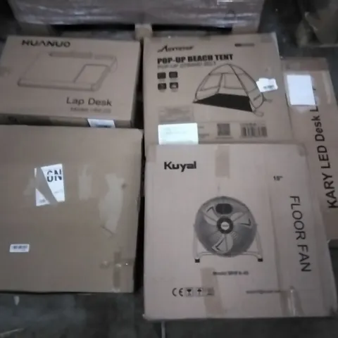 PALLET OF ASSORTED ITEMS INCLUDING KUYAL FLOOR FAN, HUANUO LAP DESK, MOVTOTOP POP-UP BEACH TENT, KARY LED DESK LAMP, LA VIE VERT