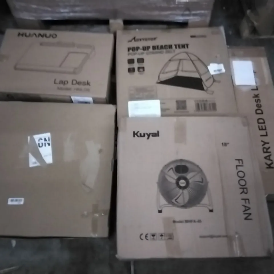 PALLET OF ASSORTED ITEMS INCLUDING KUYAL FLOOR FAN, HUANUO LAP DESK, MOVTOTOP POP-UP BEACH TENT, KARY LED DESK LAMP, LA VIE VERT 