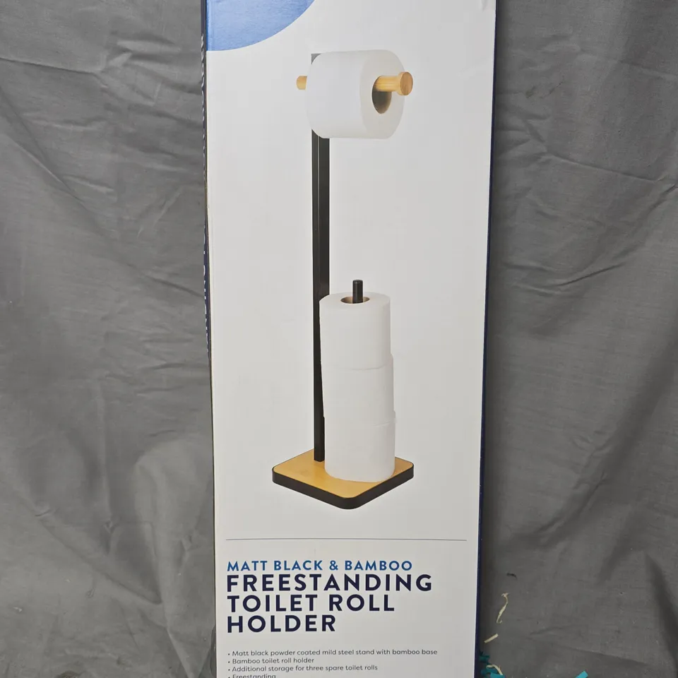 CROYDEX FREESTANDING TOILET ROLL HOLDER – MATT BLACK & BAMBOO