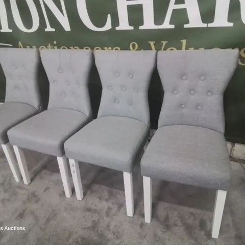 SET OF FOUR BEWLEY UPHOLSTERED BUTTONED BACK DINING CHAIRS LIGHT GREY FABRIC WHITE LEGS