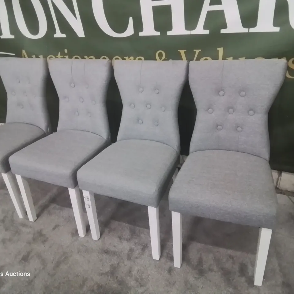 SET OF FOUR BEWLEY UPHOLSTERED BUTTONED BACK DINING CHAIRS LIGHT GREY FABRIC WHITE LEGS