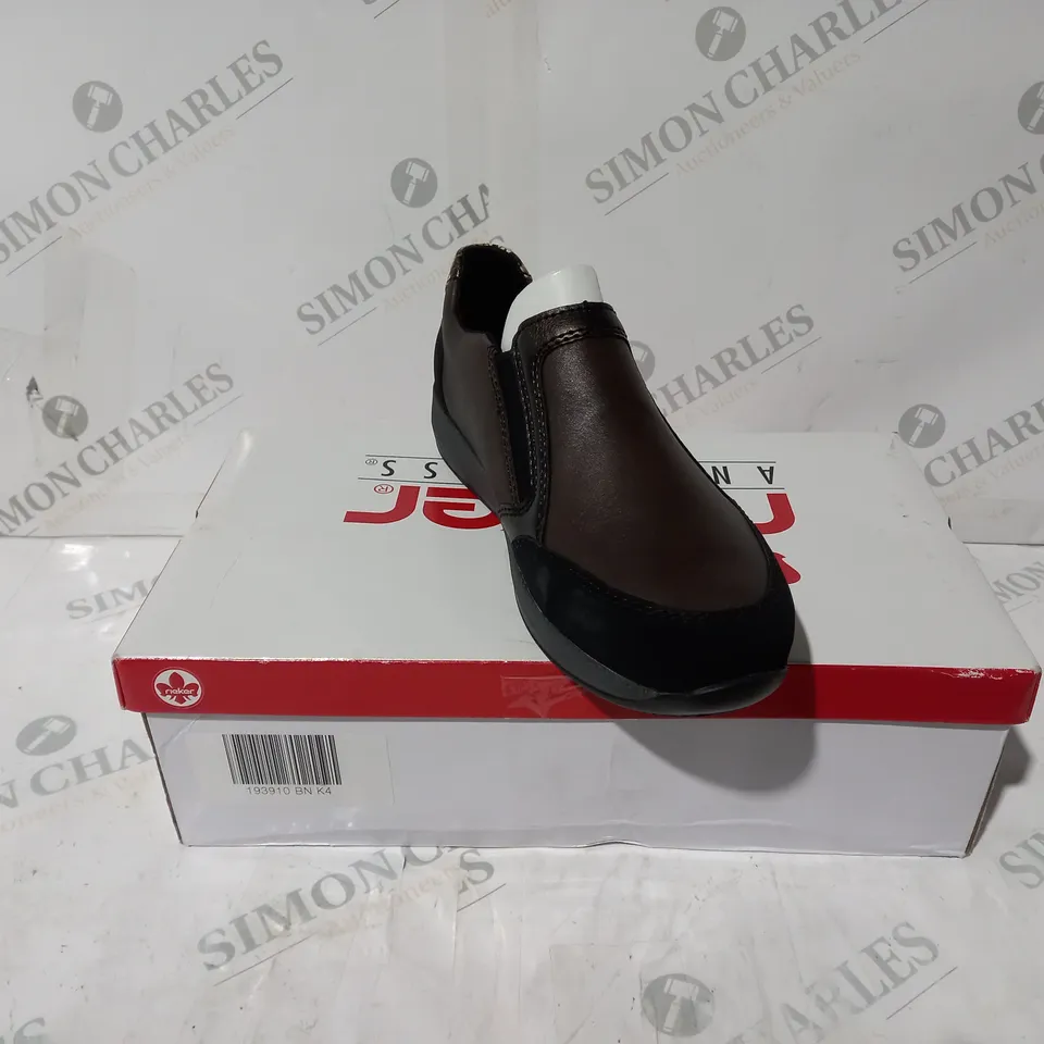 BOXED PAIR OF RIEKER TRAINER SHOES WITH ZIP IN BROWN UK SIZE 4
