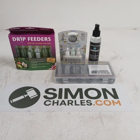 APPROXIMATELY 15 ASSORTED HOUSEHOLD PRODUCTS TO INCLUDE DRIP FEEDERS FOR HOUSEPLANTS, O-RING ASSORTMENT KIT AND COMBACT ANTIBACTERIAL SPROTS KIT SPRAY