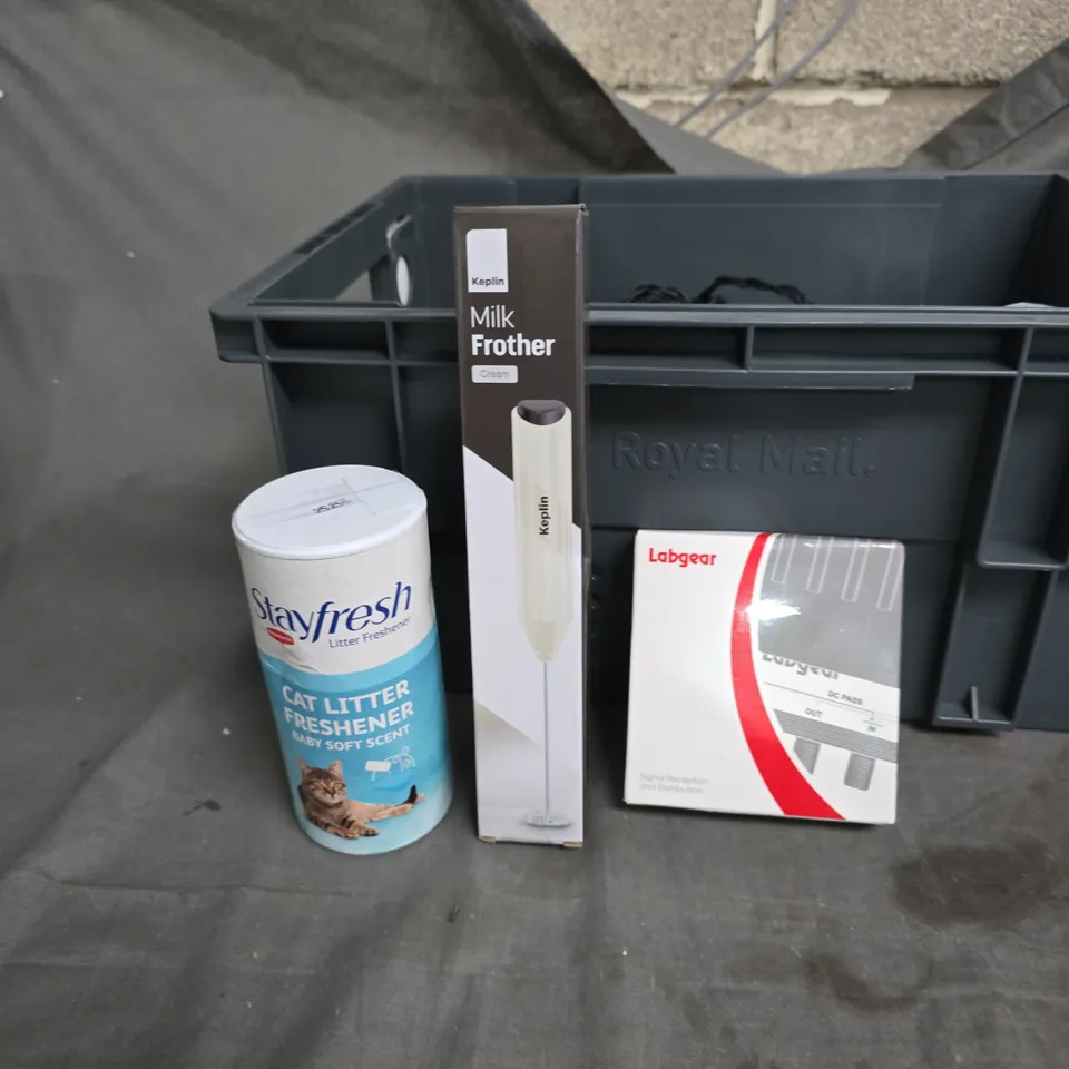 APPROXIMATELY 10 ITEMS IINCLUDING A KEPLIN MILK FROTHER – BOXED; STAYFRESH CAT LITTER FRESHENER CAN; LABGEAR SIGNAL RECEPTION AND DISTRUBUTION PLUS VARIOUS HOUSEHOLD ITEMS .