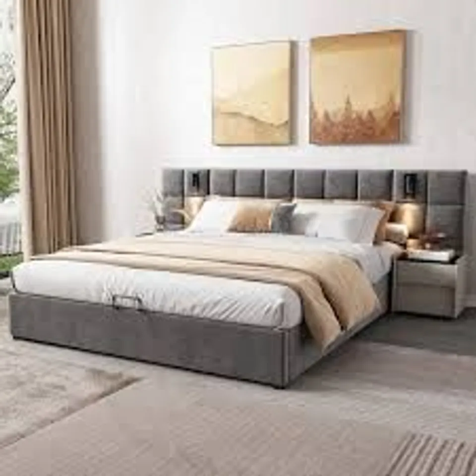 BOXED PLATFORM BED FRAME WITH WIDE HEADBOARD, READING LAMP AND USB PORT - GREY // SIZE: SUPERKING (3 BOXES)