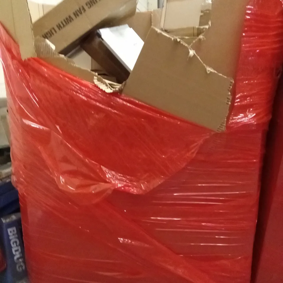PALLET OF ASSORTED HOUSEHOLD GOODS AND PRODUCTS TO INCLUDE; CEILING FAN WITH LIGHT,GOVEE LIGHT, ELECTRIC SANDER