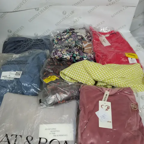LARGE BOX OF ASSORTED CLOTHING ITEMS IN VARIOUS COLOURS AND SIZES INCLUDING TROUSERS , TOPS AND JUMPERS