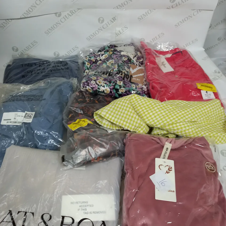 LARGE BOX OF ASSORTED CLOTHING ITEMS IN VARIOUS COLOURS AND SIZES INCLUDING TROUSERS , TOPS AND JUMPERS 