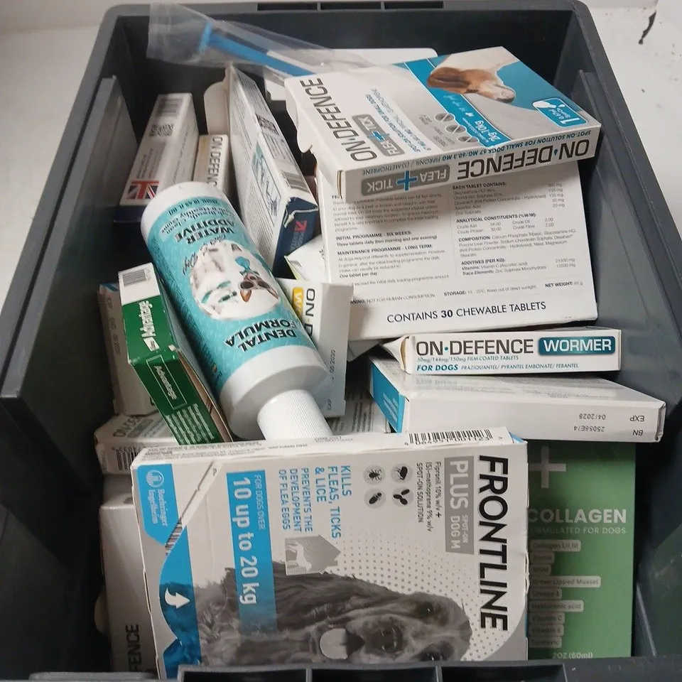 APPROXIMATELY 15 ASSORTED PET CARE PRODUCTS TO INCLUDE FRONTLINE, ELANCO, DENTAL FORMULA ETC