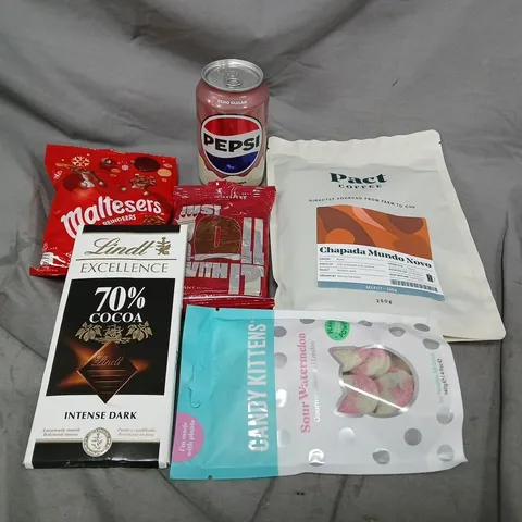 APPROXIMATELY 10 ASSORTED FOOD ITEMS TO INCLUDE CANS OF POP, CHOCOLATE AND PACT COFFEE