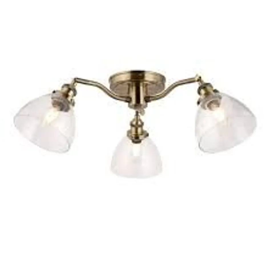 BOXED ENDON HANSEN 3 LIGHT SEMI FLUSH CEILING LIGHT ANTIQUE BRASS PLATE & CLEAR GLASS