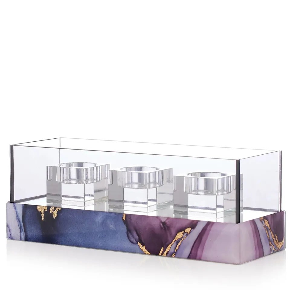 LUXENOA SMOKED GLASS MARBLE EFFECT BASE CANDLE HOLDER