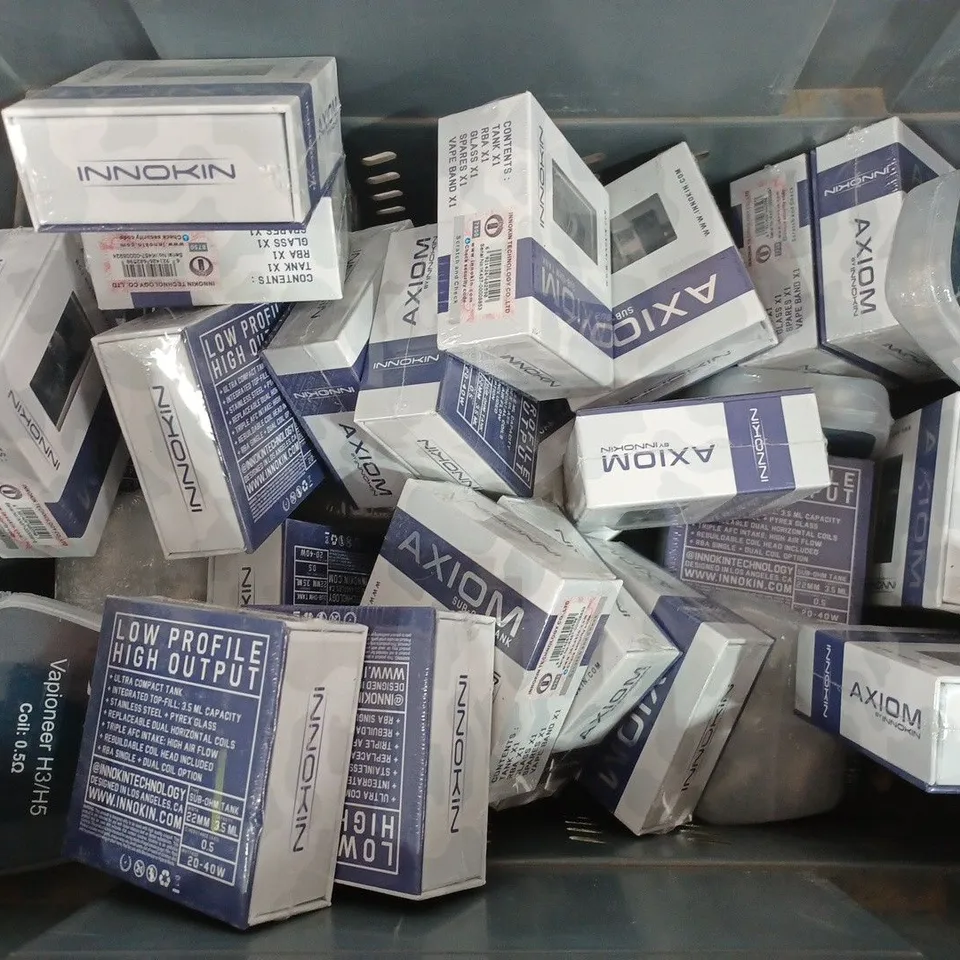 BOX OF APPROX 33 VAPE ACCESSORIES TO INCLUDE - AXIMON SUB TANK - VAPIONEER H3/H5 COIL 0.5 - ASPIRE REVVO TANK