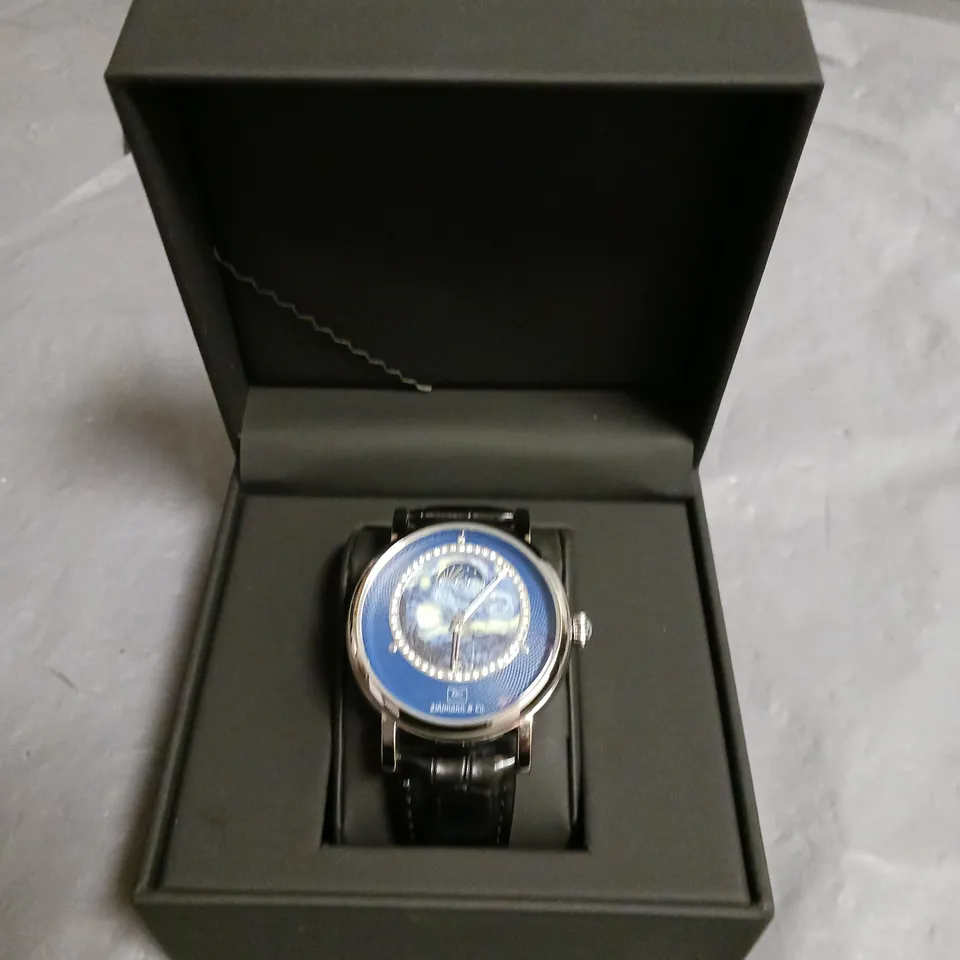 ZIHLMANN & CO STAINLESS STEEL AUTOMATIC MOONPHASE WATCH WITH BLACK LEATHER STRAP IN BOX