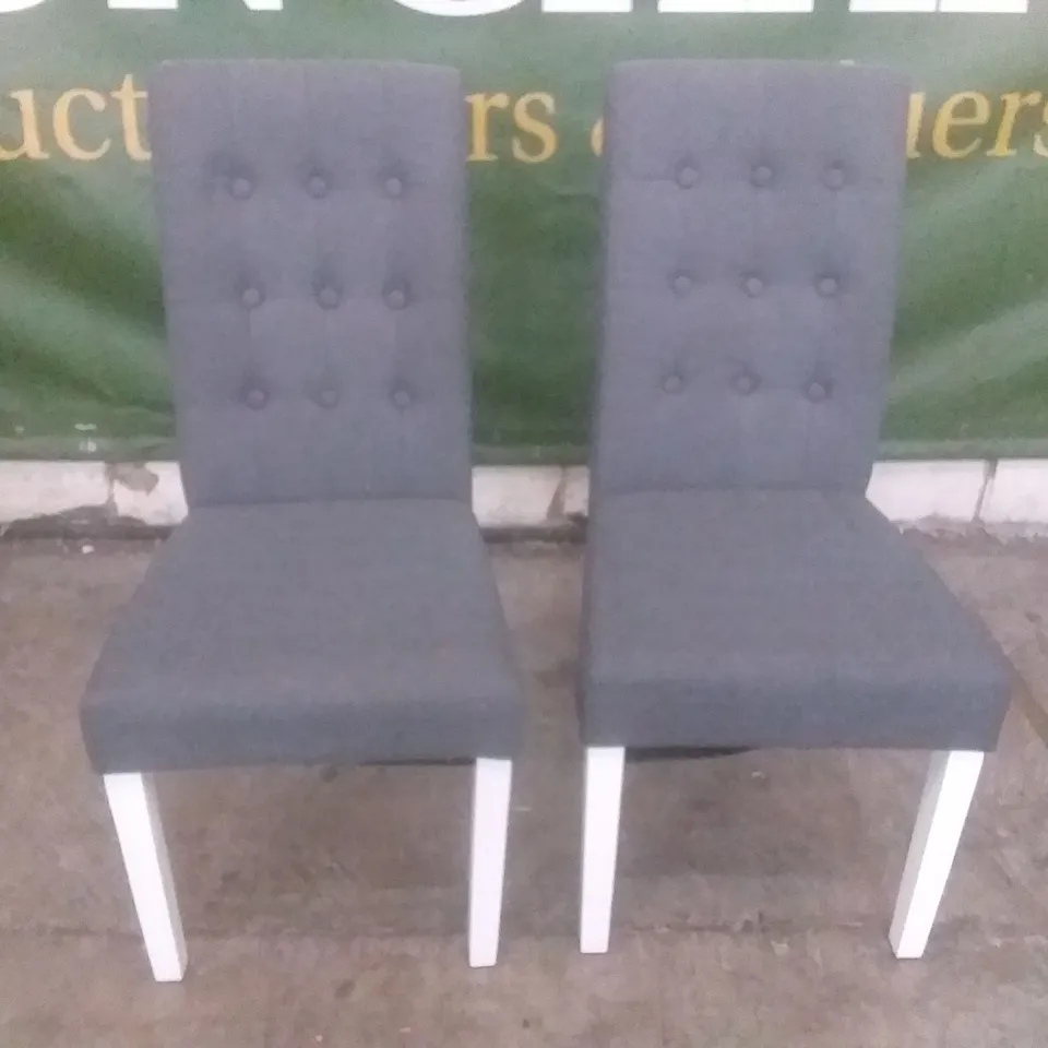 SET OF 2 NEW DUKE SLATE FABRIC BUTTON BACK DINING CHAIRS (WHITE LEG)