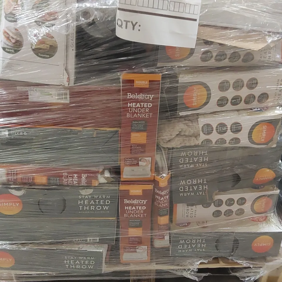 PALLET CONTAINING A LARGE ASSORTMENT OF UNCHECKED ELECTRICAL PRODUCTS ECT INCLUDING: DIGITAL SCALES, HEATED THROWS ECT