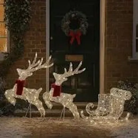 BOXED NEO 3PCS OUTDOOR DEER DECORATIONS // 2 REINDEER WITH SLEIGH 