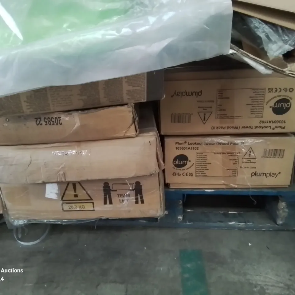 PALLET CONTAINING VARIOUS PLUMB LOOK OUT TOWER SLIDE AND SWING PARTS