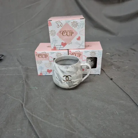 3 X CERAMIC MUGS WITH CHANEL-STYLE LOGO, GREY MARBLE FINISH 