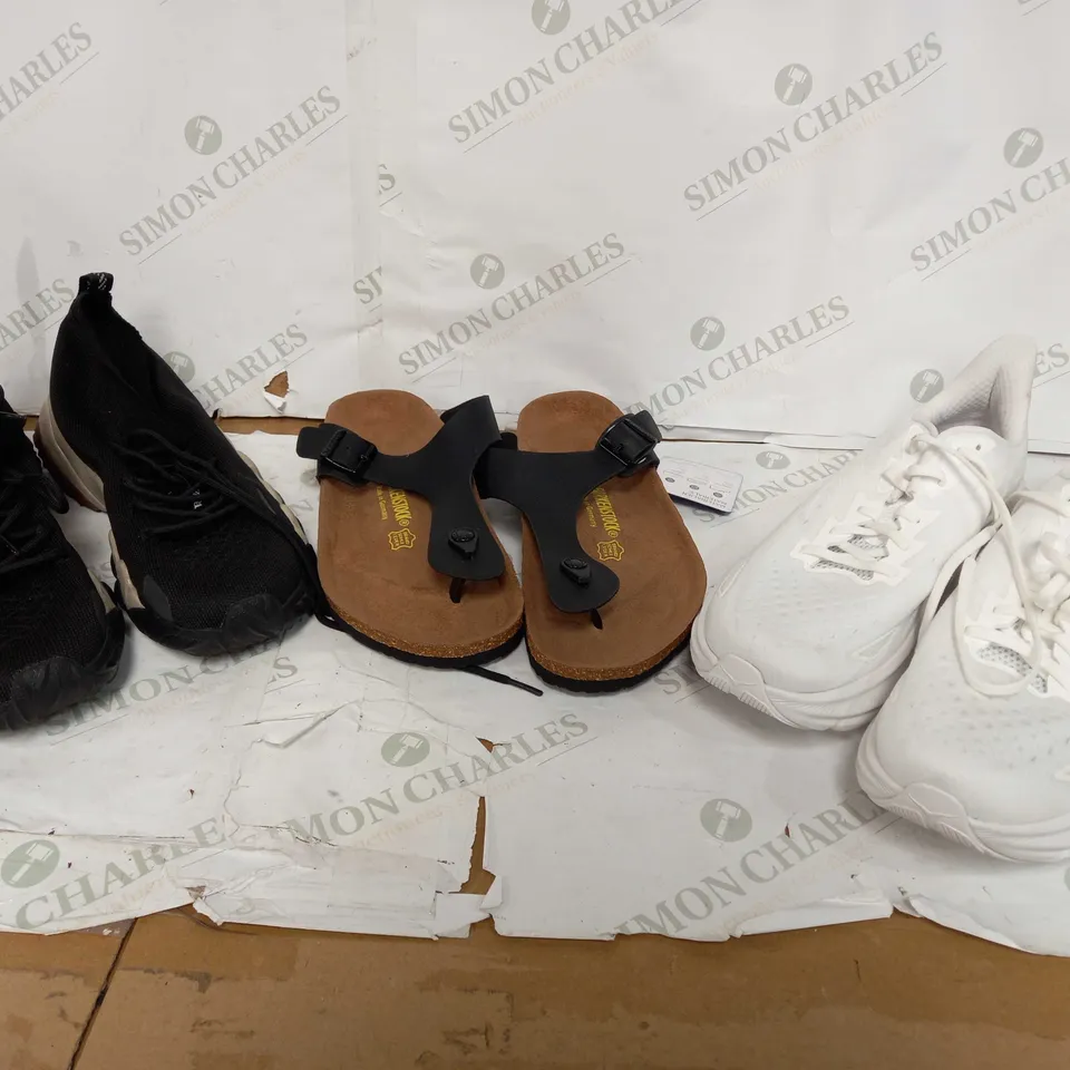 BOX OF APPROXIMATELY 20 ASSORTED PAIRS OF UNBOXED SHOES OF VARIOUS SIZES AND STYLES TO INCLUDE HOKA, BIRKENSTOCK, ZARA, ETC