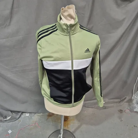 ADIDAS TRACK JACKET – OLIVE GREEN WITH WHITE CHEST STRIPE, MEN'S SIZE M