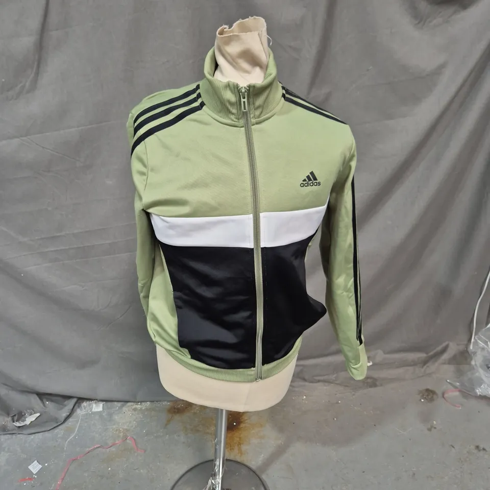 ADIDAS TRACK JACKET – OLIVE GREEN WITH WHITE CHEST STRIPE, MEN'S SIZE M