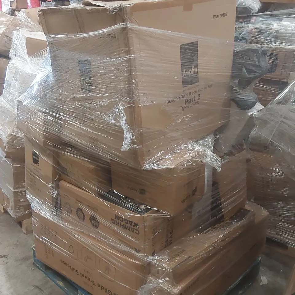 PALLET OF ASSORTED E-COMMERCE GOODS AND PRODUCTS TO INCLUDE: PICK UP TOOL, CAMPING CHAIRS, SUITCASES, CAMPING WAGON, FOAM ROLLER ECT
