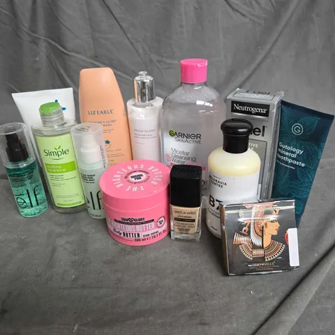 APPROXIMATELY 20 ASSORTED HEALTH & BEAUTY PRODUCTS TO INCLUDE - ELF SETTING MIST - SOAP & GLORY BODY BUTTER - WET N WILD FOUNDATION - ETC