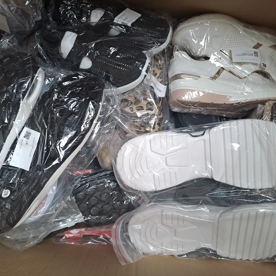 BOX OF APPROXIMATELY 15 ASSORTED PAIRS OF SHOES AND FOOTWEAR ITEMS IN VARIOUS STYLES, COLOURS, AND SIZES