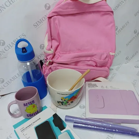 APPROXIMATELY 6 COTTON ON ITEMS INCLUDING PINK BGACKPACK, POWER PUFF GIRLS LARGE FOOD BOWL, WIRELESS CHARGING MOUSE PAD