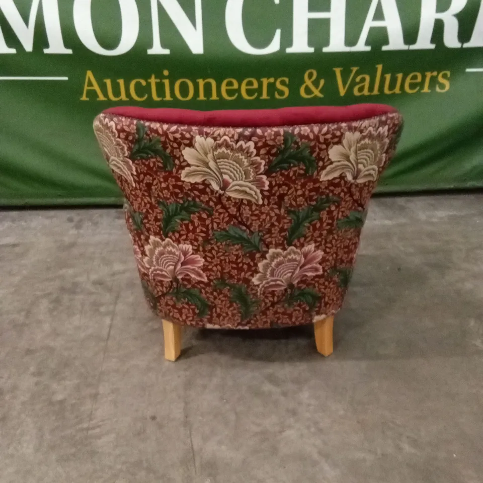 QUALITY DESIGNER PLUM WINE VELVET AND FABRIC PATTERNED BUTTON-BACK ARMCHAIR