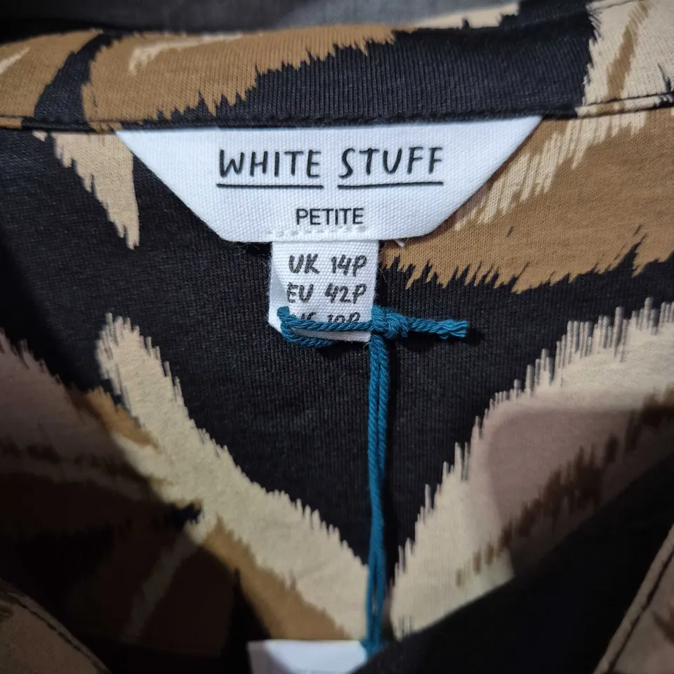 WHITE STUFF PETITE WOMEN'S DRESS – BLACK & TAN LEAF PRINT, UK 14P (EU 42P)