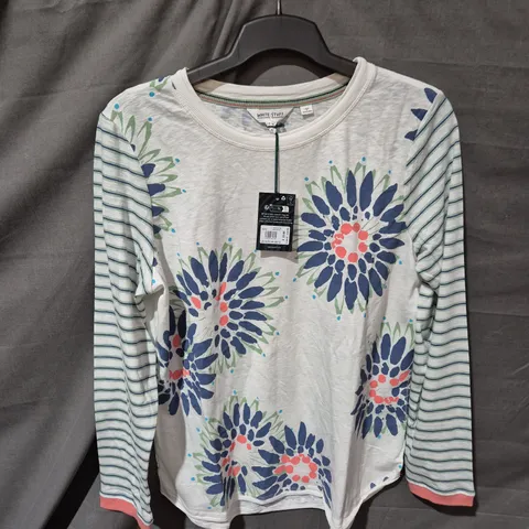 WHITE STUFF WOMEN'S FLORAL PRINT LONG-SLEEVE TOP WITH STRIPED SLEEVES - SIZE 16
